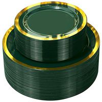 NERVURE Disposable Plastic Plates Party Ware for 51 Guests - Green with Gold Plates-Wedding and Party Plastic Plate Include 51PCS 10.25Inch Dinner Plates And 51PCS 7.5Inch Dessert/Salad Plates.