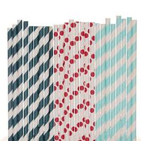 Biodegradable Paper Straws Mix, Nautical Patriotic, Red Navy Blue Light Blue, Striped Polka Dot (50)