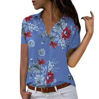 Meikosks Womens V-Neck Short Sleeve Blouse Floral Print Shirt Loose Plus Size Tunic Summer Tops Blue