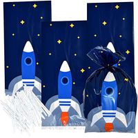 100 Outer Space Galaxy Cellophane Bag Plastic Treat Favor Bags 3 Designs Planets Rocket Ship Astronaut Solar System Science Birthday Party Supplies Decorations Kids Candy Goodie Grab Bag Gift Boutique