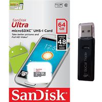 SanDisk Ultra 64GB UHS-I Class 10 MicroSDXC Memory Card Up to 48mb/s SDSQUNB-064G with USB 2.0 MemoryMarket dual slot MicroSD & SD Memory Card Reader