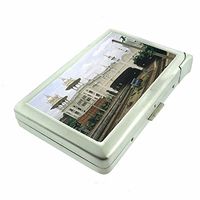 Cigarette Case with Built in Lighter Vintage Train Station Locomotive S13 Smoking King Size Cigarettes Silver Metal Wallet 4" X 2.75" RFID Protection Retro Classic Depot