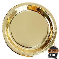 Pack of 100 Gold Disposable Shiny Foil Paper Plates, Round 7", Party Supplies for Appetizer, Lunch, Dinner, or Dessert