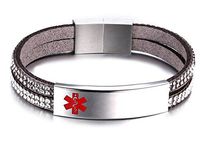 JF.JEWELRY Free Engraving Medical Alert ID Bracelet for Women with 2-Layers Velvet & Rhinestone Link 6.0",Gray
