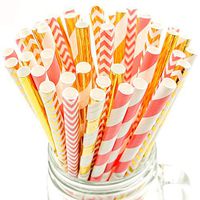 SANGSCO Compostable Paper Straws, 200 Pack, 5 Colors, Pink/Gold, Paper Straws Bulk for Party Supplies, Birthday, Wedding, Bridal, Baby Shower Decorations and Holiday Celebrations