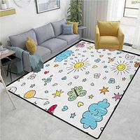 Nursery Contemporary Area Rug Large, Various Weather Conditions Drawn Cartoon Style Sunny Rainy Cloudy Day and Night, Easy Maintenance Area Rug Living Room Bedroom Carpet(2.5'x 7') Blue Yellow