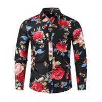 gsb-FFuxk Men's Shirt Long Sleeve Roses Print Romantic Style Autumn Winter Button Turn Down Collar Party Daily Coat (L, Black)