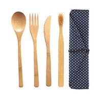 Bamboo Cutlery Set with Portable Bag, Reusable Dinnerware Tableware Kit in Home or Travel, 5 Pcs
