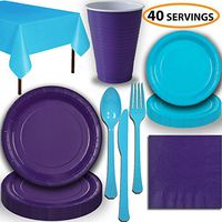 Disposable Party Supplies, Serves 40 - Purple and Turquoise - Large and Small Paper Plates, 12 oz Plastic Cups, Heavyweight Cutlery, Napkins, and Tablecloths. Full Two-Tone Tableware Set