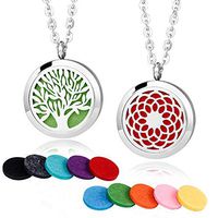 2 Pieces Fragrance Aromatherapy Essential Oil Prume Diffuser Necklace Locket Pendant Outfitters with 24 Inch Chain-Tree of Life & Sunflower Set
