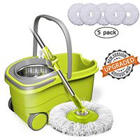 18L Magic Wheel Spin Mop and Stainless Steel Rotating Bucket Set for Floor Cleaning with 5 Microfiber Replacement Head Refills and 49in Adjustable Handle for Professional Home Floor Cleaning