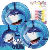 Shark Splash Happy Birthday Theme Plates and Napkins Serves 16 With Birthday Candles