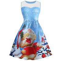 Challyhope Women Sleeveless Christmas Cute Cat Print Lace Splice Party Flare Dress (Blue, L)