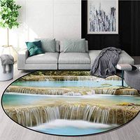 RUGSMAT Waterfall Modern Machine Washable Round Bath Mat,Water Falls Into The Lake Through The Rock Stairs in The Forest Artwork Print Non-Slip Soft Floor Mat Home Decor,Diameter-47 Inch