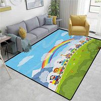 YucouHome Nursery Striped Door Mats Outside, Cartoon Railway Train with Various Animals and a Rainbow Mountains Clouds Trees, Fashionable High Class Living Bedroom Rugs(2'x 3') Multicolor