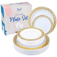 Disposable White Plastic Plates with Gold Hammered Design, 30 Premium Heavy Duty 10.25” Dinner Plates and 30 7.5” Dessert and Salad Plates. Elegant Wedding Plates for Parties