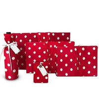 Deluxe Red Polka Dot Wrapping Set - (Use As Gift Bags Too!) - Stretchy Fabric & Eco Friendly - Gift Wrap for Birthdays, Special Occasions Set of 5- Gift Wrap, Wine Bag & Gift Card Holder
