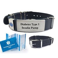 Diabetes Type 1 Insulin Pump Leather NATO Style Medical ID Bracelet. Choose Color!
