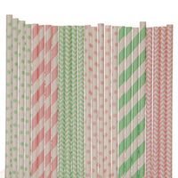 Biodegradable Paper Straws Mix, Mint Green And Light Pink, Polka Dot Striped Chevron (100)