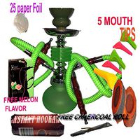 2 Hose Hookah Neon, Two Styles to Choose from 12" Height, Cute Shape Comes with 10 Instant Charcoal, 5 Mouth Tips, 25 foil Paper with Melon Flavor (Style 2, Green)