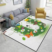 YucouHome Letter U Geometric Door Mats Area Rug, Capitalized U with Forest Color Scheme Plants Wildflower Butterflies Design, Fashionable High Class Living Bedroom Rugs(6'x 9') Green Multicolor