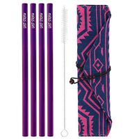 LAST STRAW Collection – Stainless Steel Purple Cocktail Straws and Brush in a Geometric Rollbag