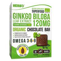 Ginkgo Biloba Extract 24% Flavone 120 mg in Organic Milk Chocolate by Herbo Superfood - For Memory Support and Brain Activity, Decreases Decay - 30 Omega-3 Enriched Bars, Non-GMO