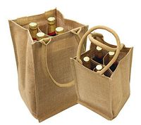 Jute Burlap 4 Bottle Wine Tote with cotton webbed with divider size 8"W x 14"H x 8"Gusset- CarryGreen Bags