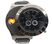 SEVENPICKS Cigarette Lighter Leather Strap Quartz Watch, USB Electronic Rechargeable Windproof Flameless Lighter (Black)