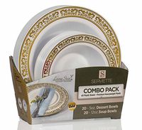 Laura Stein Designer Dinnerware Set | 80 Disposable Plastic Party Bowls | White Wedding Bowl with Gold Rim | Set Includes 40 x 12 oz Soup Bowls + 40 x 5 oz Dessert Bowls | Servette Series