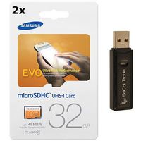 2-Pack Samsung Electronics 32GB EVO MicroSD HC Upto 48MB/s Class 10 Memory Card (MB-MP32D) with SoCal Trade USB 2.0 Dual Slot MicroSD HC and SD HC Memory Card Reader