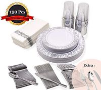 HomyBasic 190 Pcs Disposable Silver Dinnerware & Silverware Set - 25 Dinner & Dessert Plastic Plates, Cups & Paper Napkins. 30 Sets for Forks, Spoons, Knives for Wedding Parties, Birthday Party