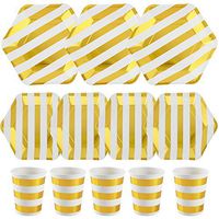 ALINK 150PCS White Gold Metallic Striped Paper Plates and Cups Set, 50 Dinner Plates, 50 Salad/Dessert Plates, 50 9 oz Cups for Thanksgiving, Christmas, Baby/Bridal Shower, Wedding, Birthday, Holid