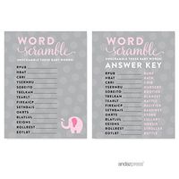 Andaz Press Girl Elephant Baby Shower Collection, Games, Activities, Decorations, Word Scramble Game Cards, 20-Pack