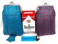 Leather Cigarette Case 2pc Set Genuine Pouch Purple + Blue-Green Fit 100s, King Regular Pack