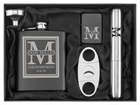Custom Initial Deluxe Engraved 7 oz Flask Funnel Cigar Cutter Lighter Stainless Steel Gift Box Set Personalized