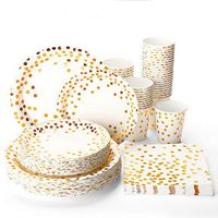 Halulu Gold Dot Disposable Paper Plates Set 200pc - Birthday Anniversary Retirement Wedding Supplies Tableware with 50 Dinner Plates, 50 Dessert Plates, 50 Paper Cups,50 Luncheon Napkins