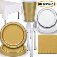 Disposable Party Supplies, Serves 40 - Gold and White - Large and Small Paper Plates, 12 oz Plastic Cups, Heavyweight Cutlery, Napkins, and Tablecloths. Full Two-Tone Tableware Set