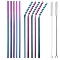 Rainbow Stainless Steel Metal Straws Reusable Drinking Straws of 10.5" Ultra Long with Cleaning Brush for 32oz/30oz/20oz tumblers YETI Dishwasher Safe(5 Straight & 5 Curved Straws,2 Cleaning Brush)