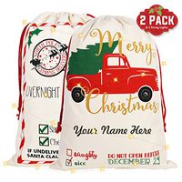 Christmas Santa Sack - Set of 2 Large Santa Gift Bags with 2 LED String Lights, Reusable Cotton Canvas Holiday Drawstring Presents Wrap for Nice Naughty Kids Adults, Home Storage Xmas Decorations
