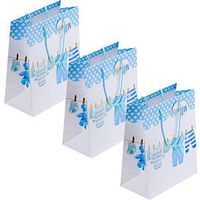 Kicko Large Blue Baby Gift Bags - 3 Pack - 13 Inches, Featuring Onesies, Bibs, Newborn Socks and Clothes on a Clothesline - for Party Favors, Baby Showers, New Moms and Dads, Books, Stuffed Animals