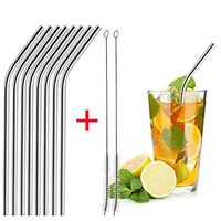 Set of 8 Bent Stainless Steel Straws 8.5 inch Reusable Drinking Metal Straws Recylable Long Drinking Straws Fits 20 Oz & 30 Oz Cups 2 Cleaner Brushes Included - Ecofriendly, Dishwasher Safe (Silver)