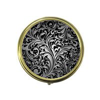 Custom Fashion Round Pill Box Medicine Tablet Holder Wallet Organizer Case for Pocket or Purse (Black Floral Vine)