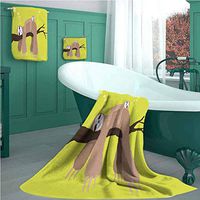 Sloth Premium Bamboo Cotton Bath Towels Set, Cartoon Mother Sleeping on Branch with Kid Sloth o Design Pattern Bathroom Set, Bath, Hand, Washcloth - Super Soft & Absorbent Fade Resistant Cotton Towels
