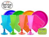 Tiger Chef 272-Piece Fiesta Neon Champagne Flutes Party Pack Includes Hard Plastic Plates, Neon Paper Napkins and Plastic Champagne Glasses in Pink, Blue, Green and Orange (Service for 40)