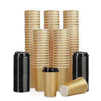 Fineiva Disposable Coffee Cups with Lids, 16oz, 100 Pack, To Go Hot Coffee Cups, Luxury Party Paper Cups for Hot or Cold Drinks, Double Insulated, Champagne Gold