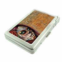 Cigarette Case with Built in Lighter Sugar Skull S23 Smoking King Size Cigarettes Silver Metal Wallet 4" X 2.75" RFID Protection Candy