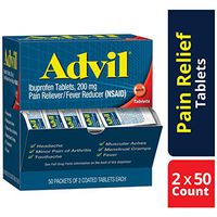 Advil (50 Packets of 2 Capsules) Pain Reliever/Fever Reducer Coated Tablet, Individually Sealed, 200mg Ibuprofen, Temporary Pain Relief, Travel Pack