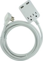 GE Pro USB Charging 12 Ft Extension Cord, Charging Station, Surge Protector Power Strip, Flat Plug, 3 prong, 2 Outlets, 2 USB Ports, 2.4 Amp, 12 Watt, 250 Joules, Wall Mount, UL Listed, White, 32089