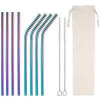 Reusable Stainless Steel Metal Straws 8.5 inch Metal Drinking Straw for 20 oz Tumblers Cups Mugs, Cleaning Brush and Cloth Bag Included (4 Straight and 4 Bent Drinking Straws Rainbow Color)